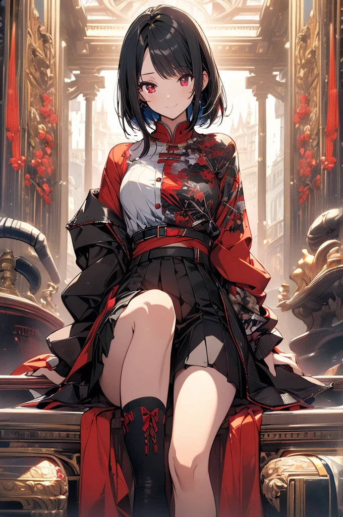 (masterpiece, highest quality, highest quality, (No text), Beautiful and aesthetic:1.2),No text,アニメ、 high resolution BREAK,One Girl,Short black hair Beautiful eyes Red eyes Beautiful girl cool smile Black Coat mini skirt foot Night view Detailed eyes and face