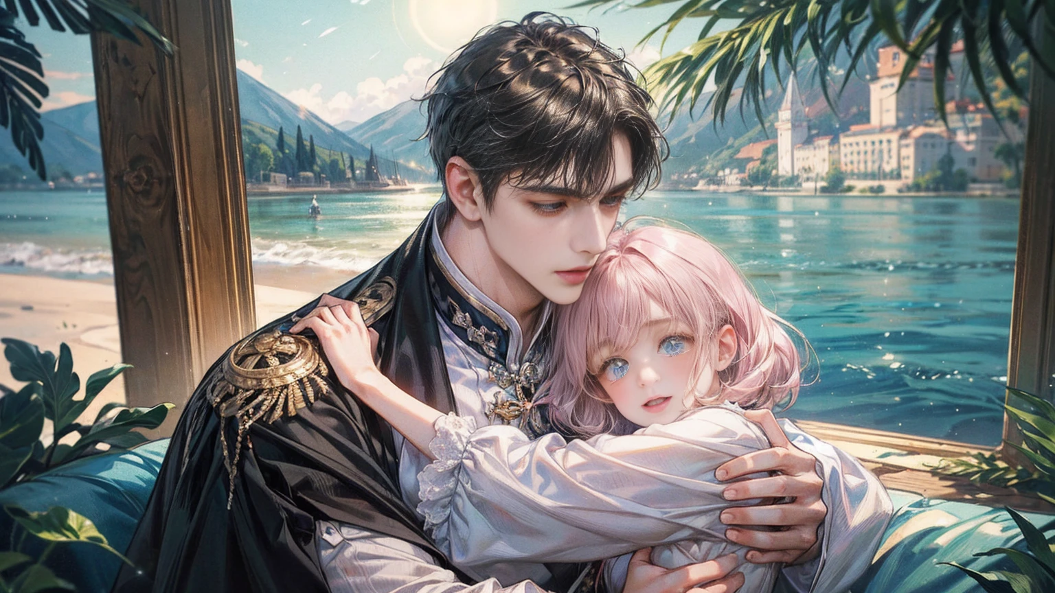 (((masterpiece))), ((Highest quality)), ((Super detailed)), (CG illustration), Happy parent-child scene。The resurrected form of Emperor Constantine and the twins Crispus and Fausta.、Father and son landscape。「Varna, Bulgaria、Under the clear blue sky、A summer evening where a stylish modern mansion shines。As the bright sunlight envelopes the sea and the mansion、A young father in his 30s hugs his twin sons tightly and warmly on his way home from work。The father's face was filled with deep love and forgiveness.、I can see the look of relief on his face, having overcome his past mistakes.。The children have innocent, naive smiles、He buried his face in his father's shoulder and looked relieved.。Light and shadow gently intersect、A scene that creates a warm and moving atmosphere overall.。」Love。Love, forgiveness, healing and purification。Detailed and delicate。lyrical。Heartful