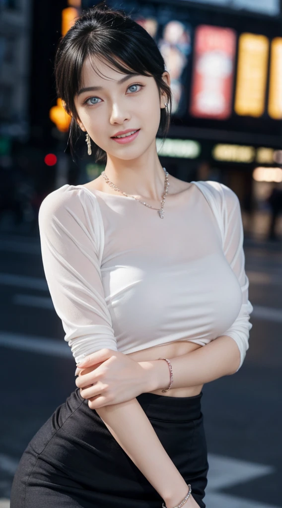 8k, masterpiece, RAW photo, best quality, photorealistic, extremely detailed CG unity 8k wallpaper, Depth of field, Cinematic Light, Lens Flare, Ray tracing, (extremely beautiful face, beautiful lips, beautiful eyes), intricate detail face, ((ultra detailed skin)) 1girl, in the dark, deep shadow, pretty hinata hyuga,(very slim slender fit-muscled body:1.3), ((looking at viewer)),(big smile:1.3), (night, (neon sign), (blurry background), midnight, (without people in the background:1.3), white diamond earrings, bracelets, necklace, clear eyes, walking , front shot, (pale skin), face forward, (big eyes), full body shot, ((see through blouse)), (hot pink color blouse)), ((laced skirt)), (looking at viewer:1.3), very slim, huge breasts, no bra,Hermes bag, mini skirt, updo hair, short hair, teeth
