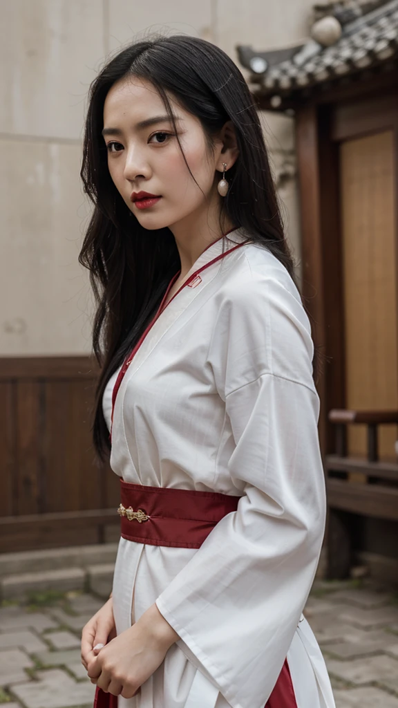 Chinese beauty, natural white skin, sexy top, long black hair and red lipstick, wearing gorgeous Hanfu and dark gray earrings, Chinese martial arts movie style, two hands tied up looking at others behind her, still image, film grain, film light, Fujifilm D55, lens: 50mm f/1.8. --ar 3:4 --style raw --stylize 250 --iw 0.5. sexy.