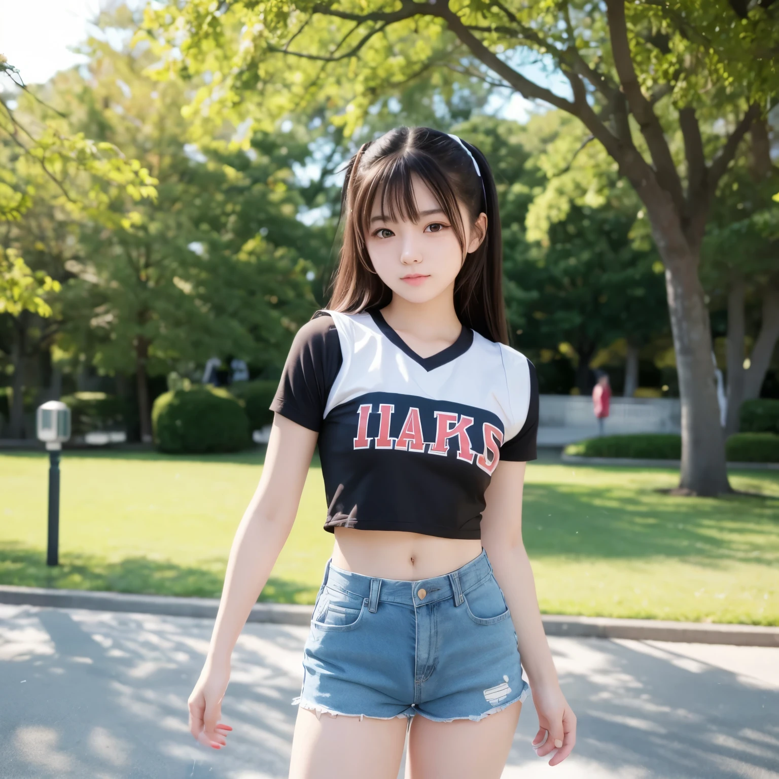 College cheerleader standing in park Japanese, about 20 years old, lolita face, neat, super cute, child-like face, short shorts, cute, pretty face, beautiful girl, 8k high quality, top quality, real, real human
