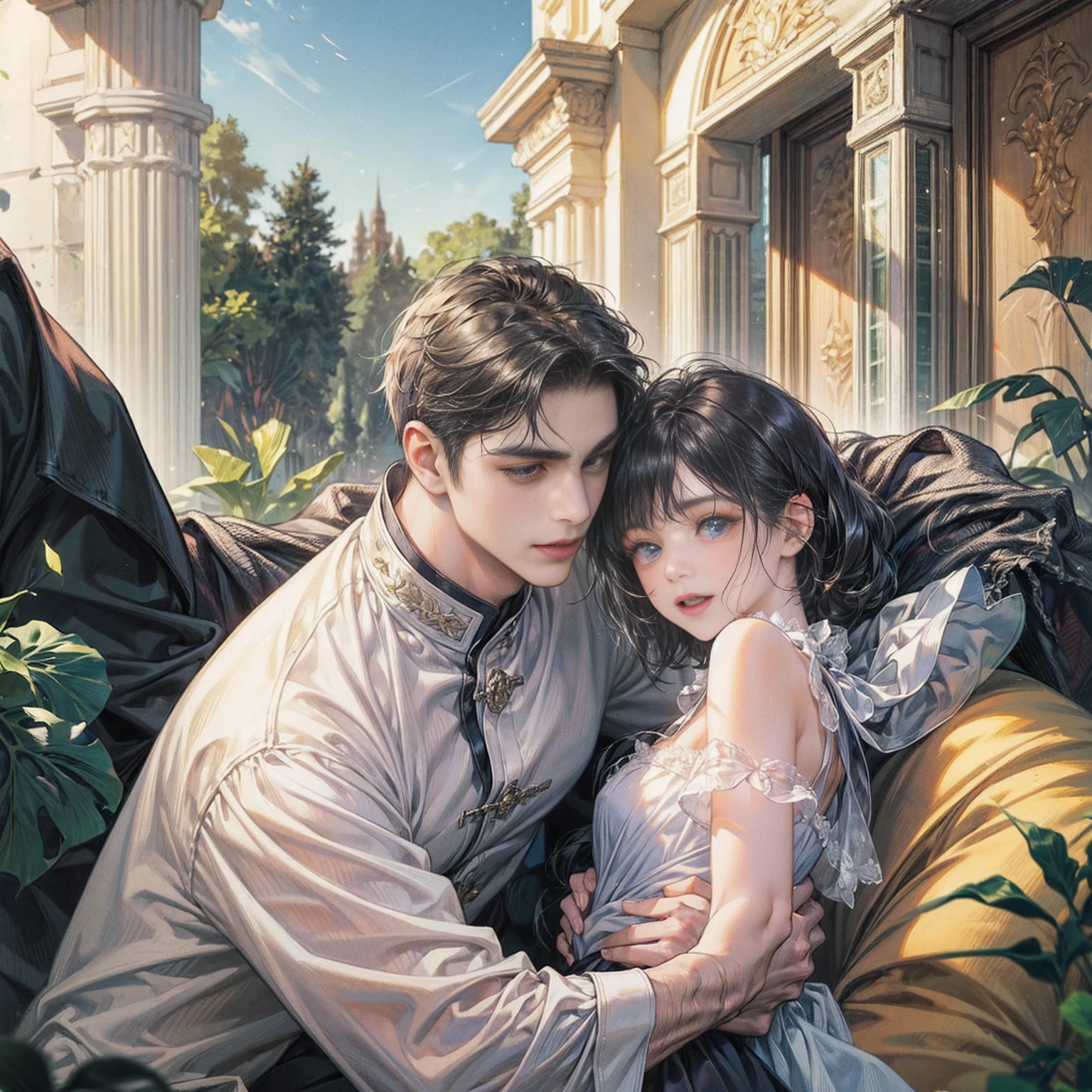 (((masterpiece))), ((Highest quality)), ((Super detailed)), (CG illustration), Happy parent-child scene。The resurrected form of Emperor Constantine and the twins Crispus and Fausta.、Father and son landscape。「Varna, Bulgaria、Under the clear blue sky、A summer evening where a stylish modern mansion shines。As the bright sunlight envelopes the sea and the mansion、A young father in his 30s hugs his twin sons tightly and warmly on his way home from work。The father's face was filled with deep love and forgiveness.、I can see the look of relief on his face, having overcome his past mistakes.。The children have innocent, naive smiles、He buried his face in his father's shoulder and looked relieved.。Light and shadow gently intersect、A scene that creates a warm and moving atmosphere overall.。」Love。Love, forgiveness, healing and purification。Detailed and delicate。lyrical。Heartful
