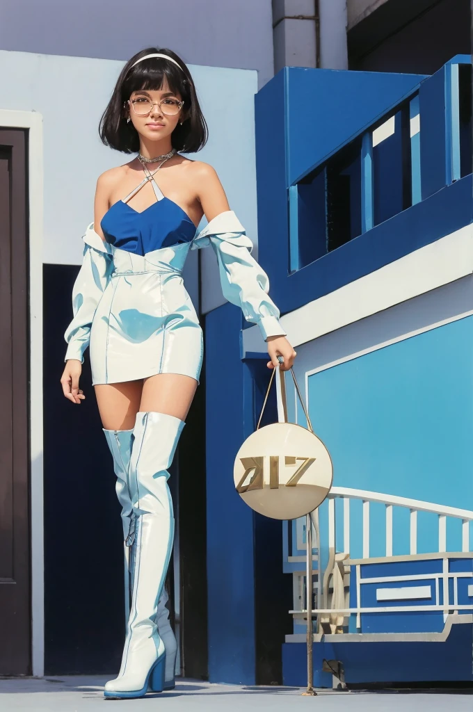 BRAZILIAN woman wearing a BLUE vinyl halter top dress. Black hair, light curled, short straight Bangs. white large hair Band . Metallic makeup. Brown eyes, giant round glasses, , happy, film photo, varanda de apartamento, bairro de copacabana background, dof, , posing vintage 1970 aesthetics, over the knee white boots, mod