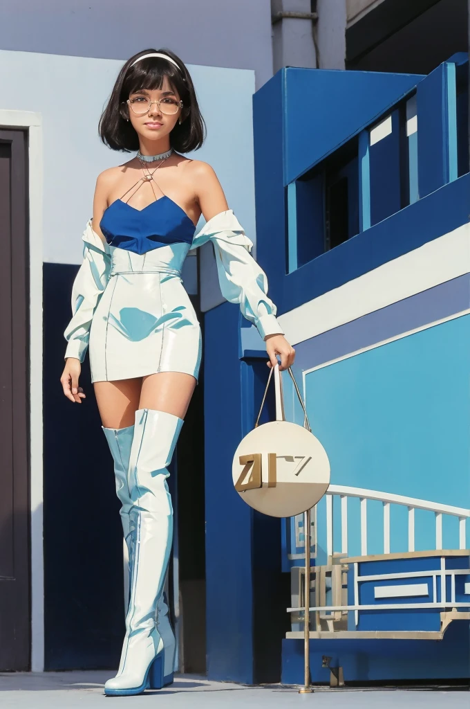 BRAZILIAN woman wearing a BLUE vinyl halter top dress. Black hair, light curled, short straight Bangs. white large hair Band . Metallic makeup. Brown eyes, giant round glasses, , happy, film photo, varanda de apartamento, bairro de copacabana background, dof, , posing vintage 1970 aesthetics, over the knee white boots, mod