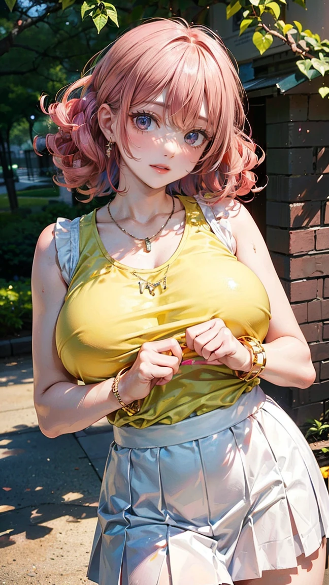 (masterpiece, Highest quality:1.3), (Super detailed:1.2), (hyperRealistic:1.3), (RAW Photos:1.2), High-definition RAW color photos, Professional photos, (PhotoRealistic:1.4), (Realistic:1.4), Professional Lighting, Perfect Anatomy, (Big Breasts:1.5), (blush, Detailed face), (Happy smile:1.7), Trending Hair&Trending Hairカラーをランダムに, Earrings, necklace, bracelet, Sexy, erotic Sexy, Random sexy gravure poses, (Woman wearing a yellow summer top and a white skirt、公園でピクニックを楽しみながらHappy smileでセクシーなグラビアポーズをとっている。Her pink curls are swaying gracefully.。:1.3)