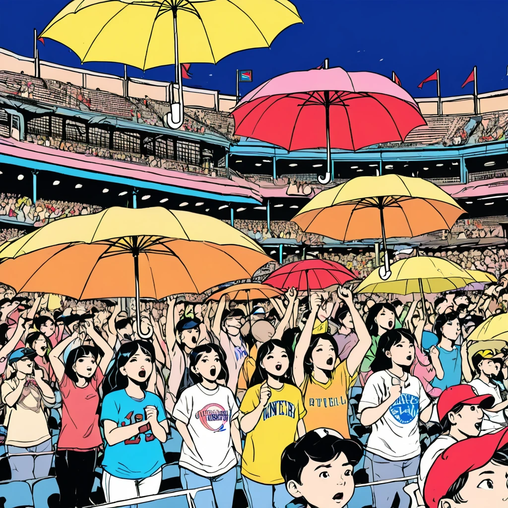 Fans cheering with umbrellas at a baseball stadium、looks fun