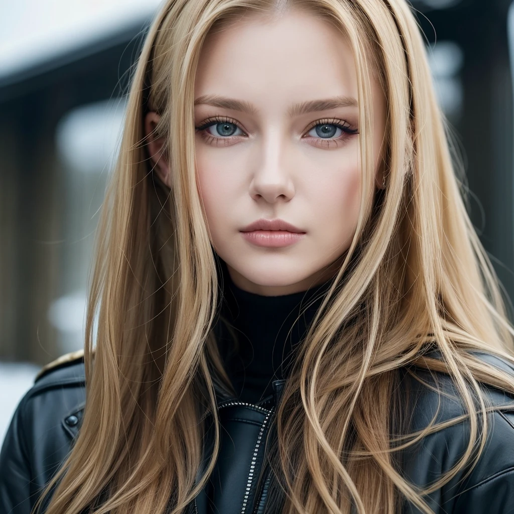 Close up portrait of long-haired woman in black jacket, Brunette with dyed blonde hair, Dasha Taran, Aleksandra Waliszewska, Angelina Stroganova, Very beautiful face, Anna Nikonova、Also known as New Milky, Gorgeous blonde, Gorgeous and attractive face, Beautiful face with brown blonde hair, beautiful nordic woman, nodded