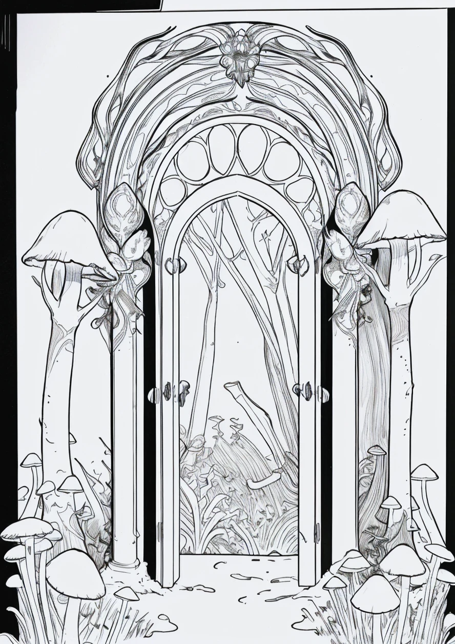 Masterpiece, monochrome draw, Intricate line art of a magical forest entrance, ornate gateway, glowing mushrooms, black and white illustration, coloring book style, white background, detailed pen drawing, high contrast, clean lines, suitable for coloring, no shading, vector-like, easy to color