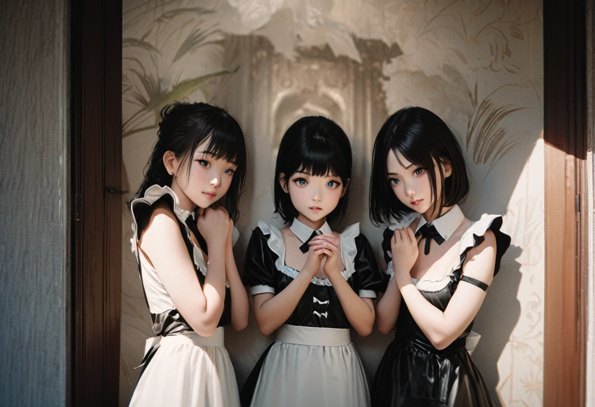 photo realistic, 3 girls, 18yo, maid costume, lined up at the entrance, 8k, RAW photo, best quality, masterpiece, extremely detailed 8k wallpaper, ultra-detailed, best shadow, detailed background, beautiful detailed face, beautiful detailed eyes, nice hands, perfect hands