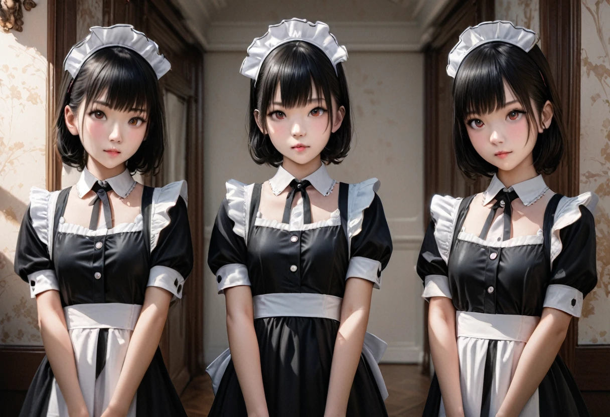 photo realistic, 3 girls, 18yo, maid costume, lined up at the entrance, 8k, RAW photo, best quality, masterpiece, extremely detailed 8k wallpaper, ultra-detailed, best shadow, detailed background, beautiful detailed face, beautiful detailed eyes, nice hands, perfect hands
