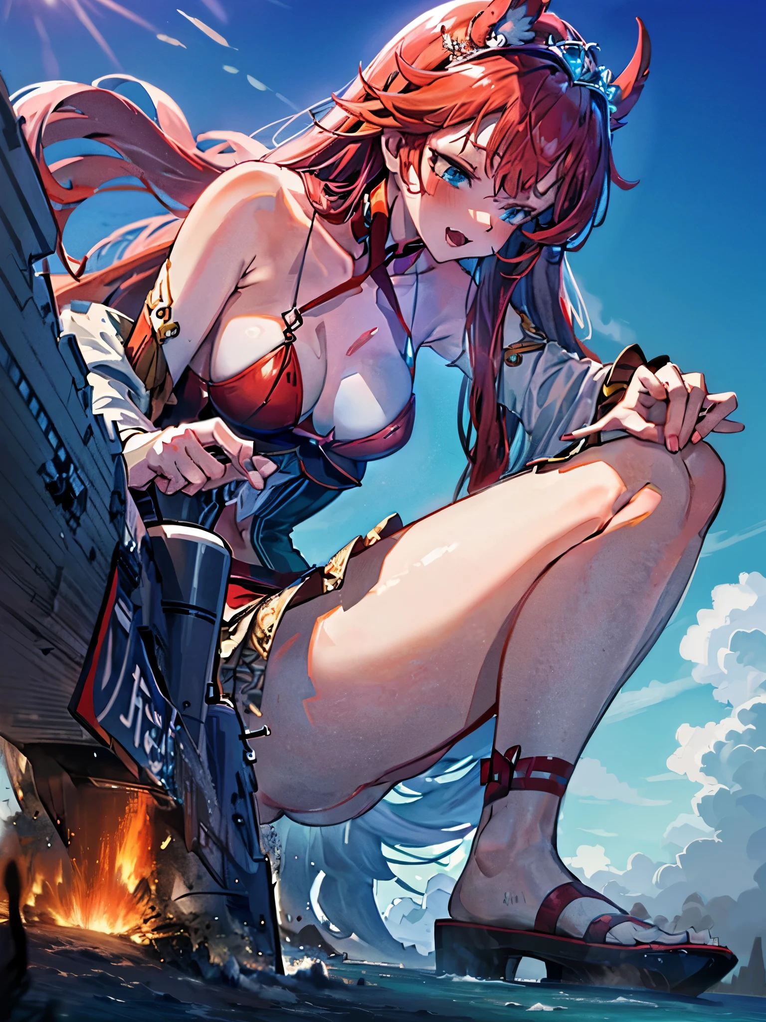 Giantess appears from underwater in front of a giant cruise ship, the cruise ship looks very small in front of her because it is giant, she is naked, she has red hair and white skin, she has small breasts but very sexy legs and her body is very curvy. Goddess, Attack, giant, cruise ship, full naked, sexy, hot, ocean, in middle of the ocean, without buildings, High quality, Red hair, hottest, tall girl, sexy legs, monster girl, cruise ship, giant cruise, attacking, evil, mad, without clothes, hentai, xxx