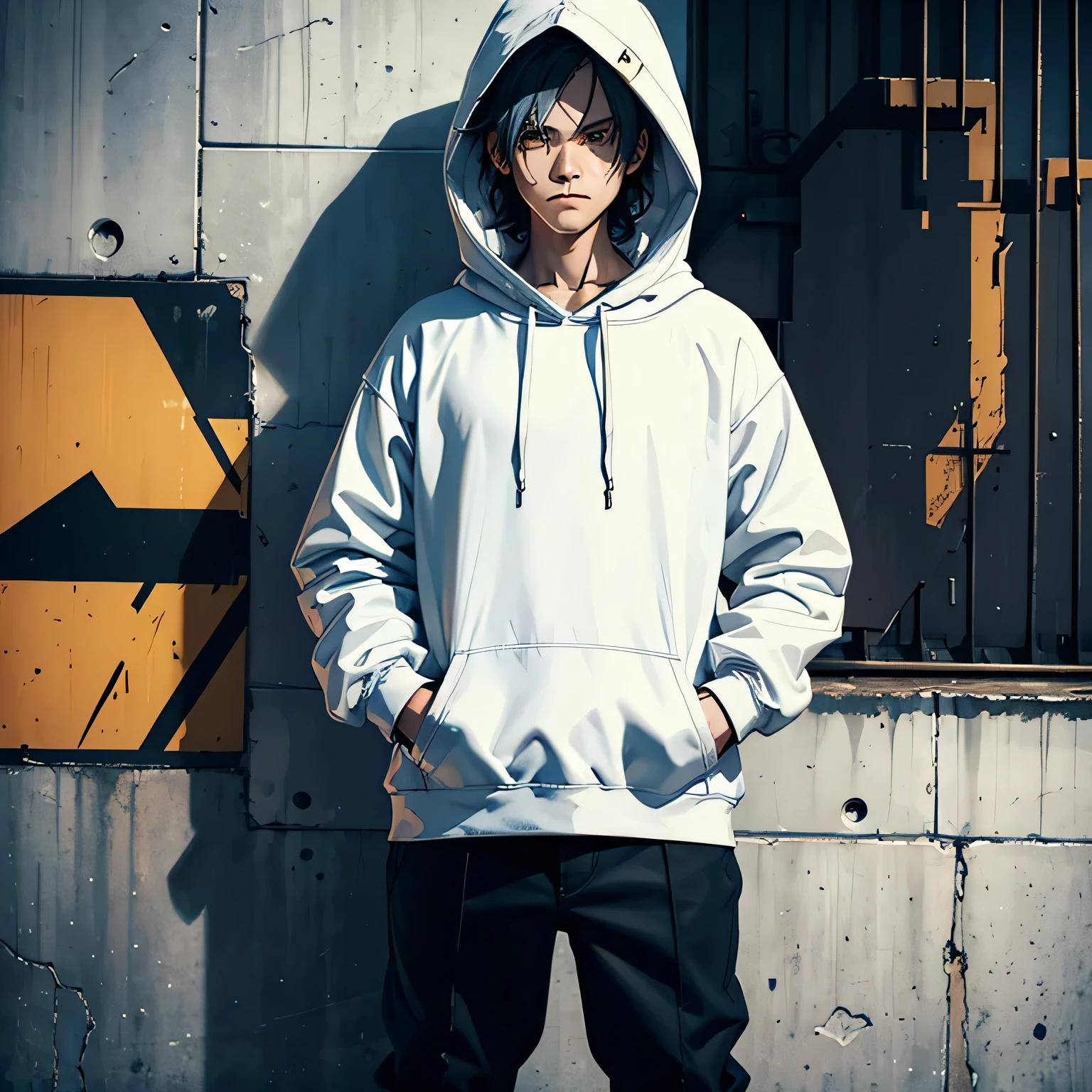 young smiling robot standing with hands in pockets, grunge graffiti scene, scowling, he is alone wearing white small hoodie and pants