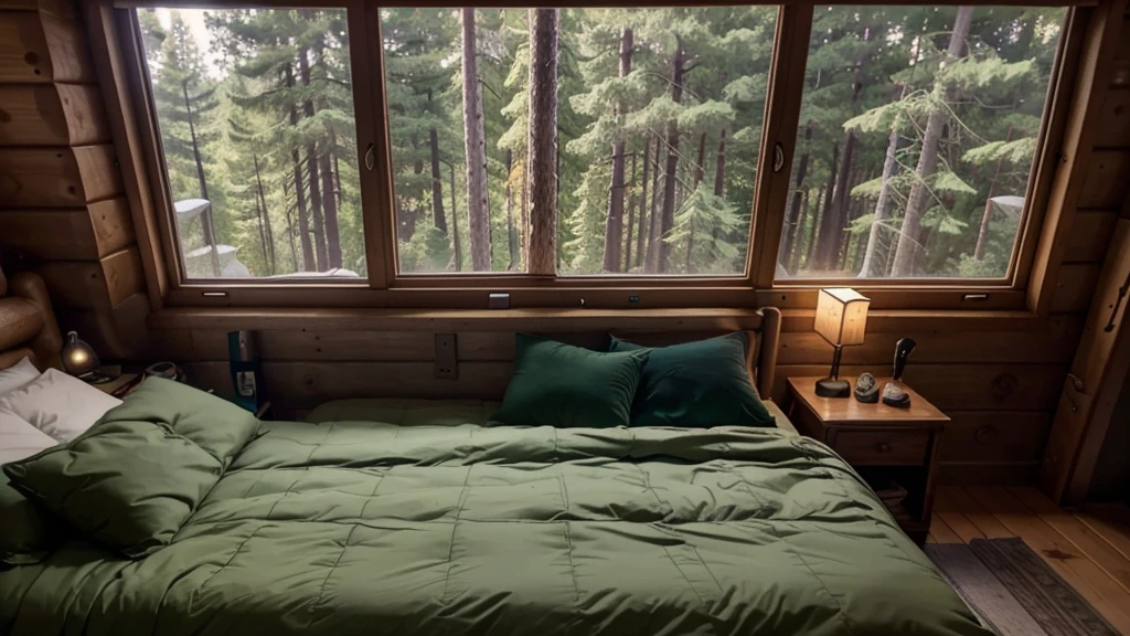 there is a bed with a green comforter and a window, cozy treehouse bedroom, fps view, in a tree house, eye - level view, in a cabin, screenshot from game, inside of a cabin, highly realistic. live cam, unreal engine ; romantic theme, cozy place, interior gameplay screenshot, trending on unreal 5, 2020 video game screenshot
