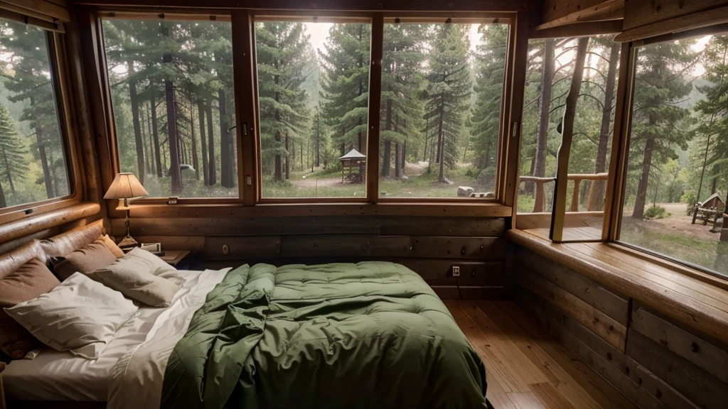 there is a bed with a green comforter and a window, cozy treehouse bedroom, fps view, in a tree house, eye - level view, in a cabin, screenshot from game, inside of a cabin, highly realistic. live cam, unreal engine ; romantic theme, cozy place, interior gameplay screenshot, trending on unreal 5, 2020 video game screenshot