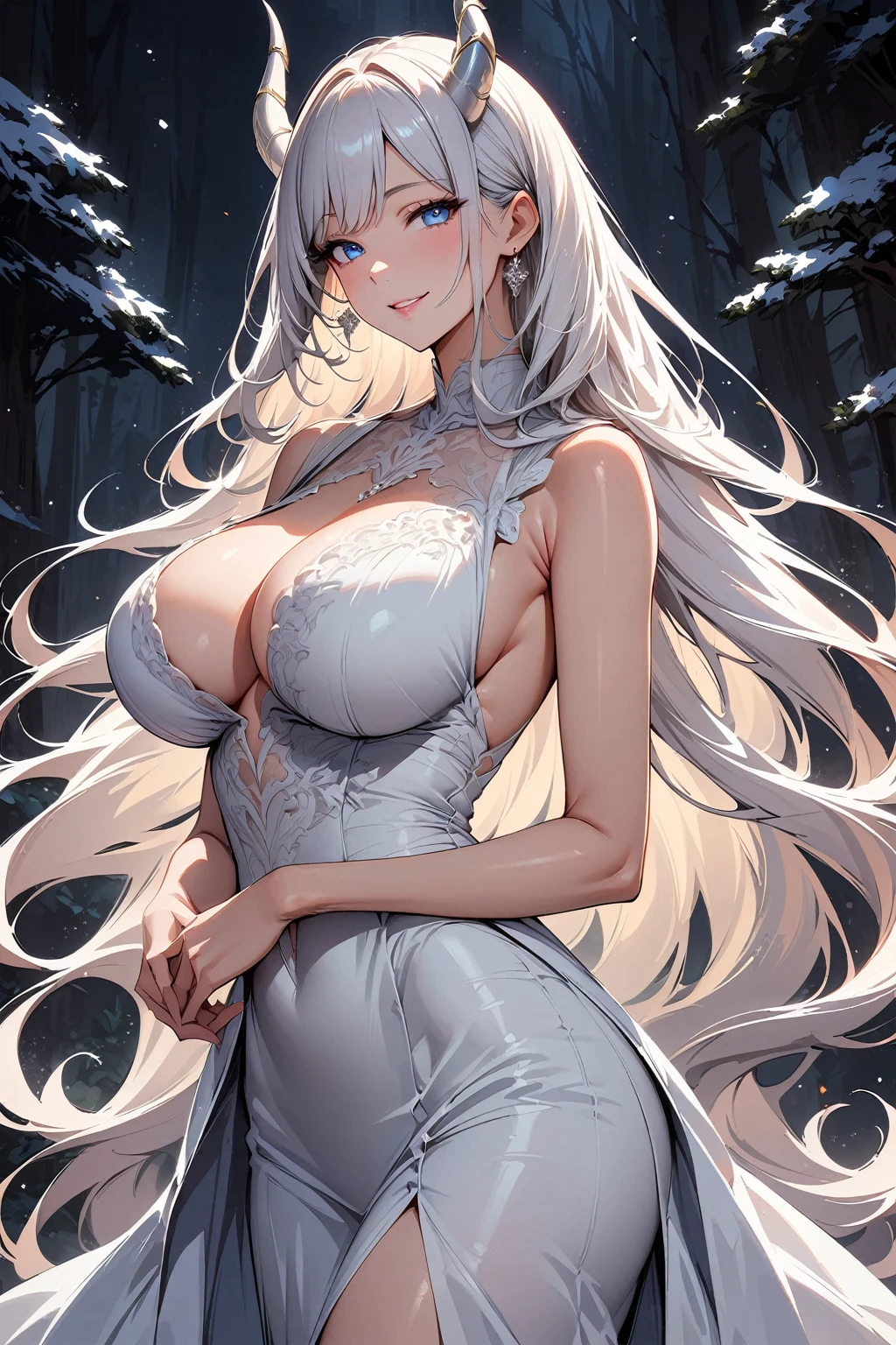 Masterpiece, Super high-quality computer graphics, Best quality, perfect image, beautiful eye details, very detailed, ultra detailed, one, (1 woman), She is in a white detailed dress, in an elegant pose, super mature, tall, mom, mature mother, super long hair, snow-white hair and bangs on the sides, white demonic horns, beautiful, charming, blue eyes (bright), glowing eyes, neon eyes, elegant, big breasts (huge), kind smile, charming, dark background, daring atmosphere against the clouds and forest.