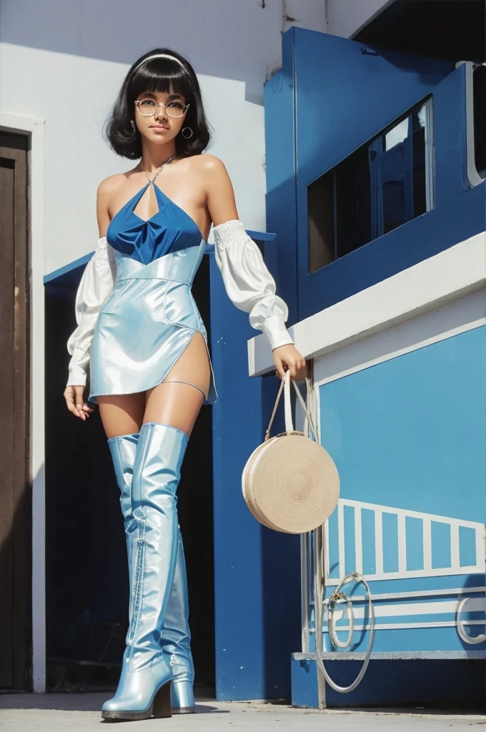 BRAZILIAN woman wearing a BLUE vinyl halter top dress. Black hair, light curled, short straight Bangs. white large hair Band . Metallic makeup. Brown eyes, giant round glasses, , happy, film photo, varanda de apartamento, bairro de copacabana background, dof, , posing vintage 1970 aesthetics, over the knee white boots, mod