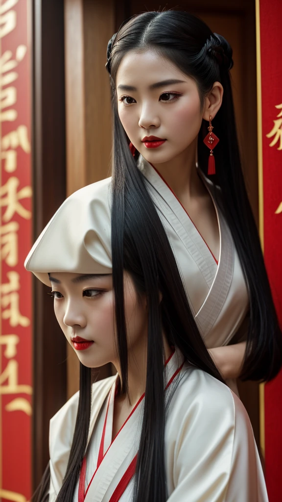 Chinese beauty, natural white skin, y top, long black hair and red lipstick, wearing gorgeous Hanfu and dark gray earrings, Chinese martial arts movie style, two hands tieoking at others behind her, still image, film grain, film light, Fujifilm D55, lens: 50mm f/1.8. --ar 3:4 --style raw --stylize 250 --iw 0.5. sexy.