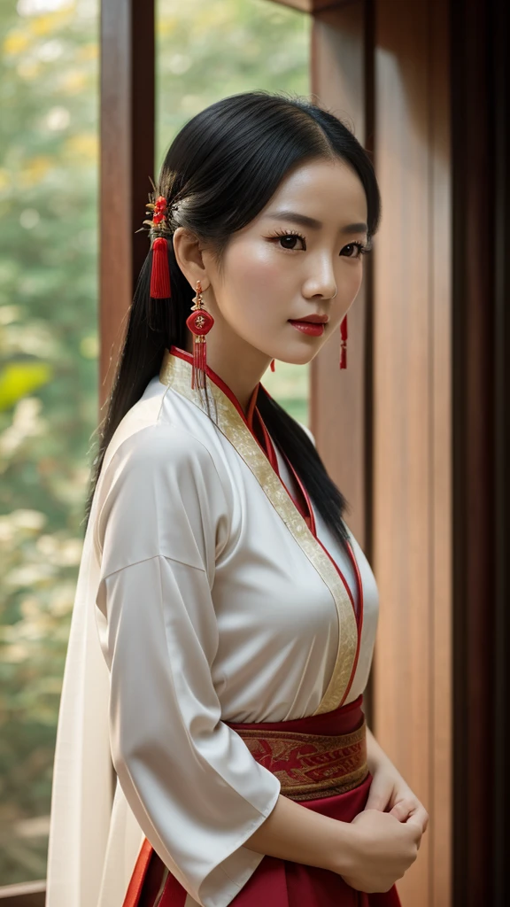 Chinese beauty, natural white skin, sexy top, long black hair and red lipstick, wearing gorgeous Hanfu and dark gray earrings, Chinese martial arts movie style, two hands tied up looking at others behind her, still image, film grain, film light, Fujifilm D55, lens: 50mm f/1.8. --ar 3:4 --style raw --stylize 250 --iw 0.5. sexy.
