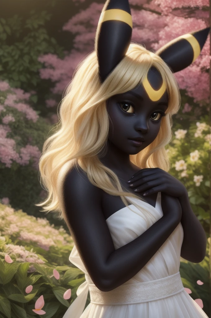 A beautiful young woman, detailed portrait, flawless skin, delicate facial features, serene expression, blonde hair,elegant white dress, petals falling around her, lush garden background, natural lighting, cinematic composition, photorealistic, award winning portrait photo, (furry,black skin, umbreon girl, umbreon,fur), looking at viewer
