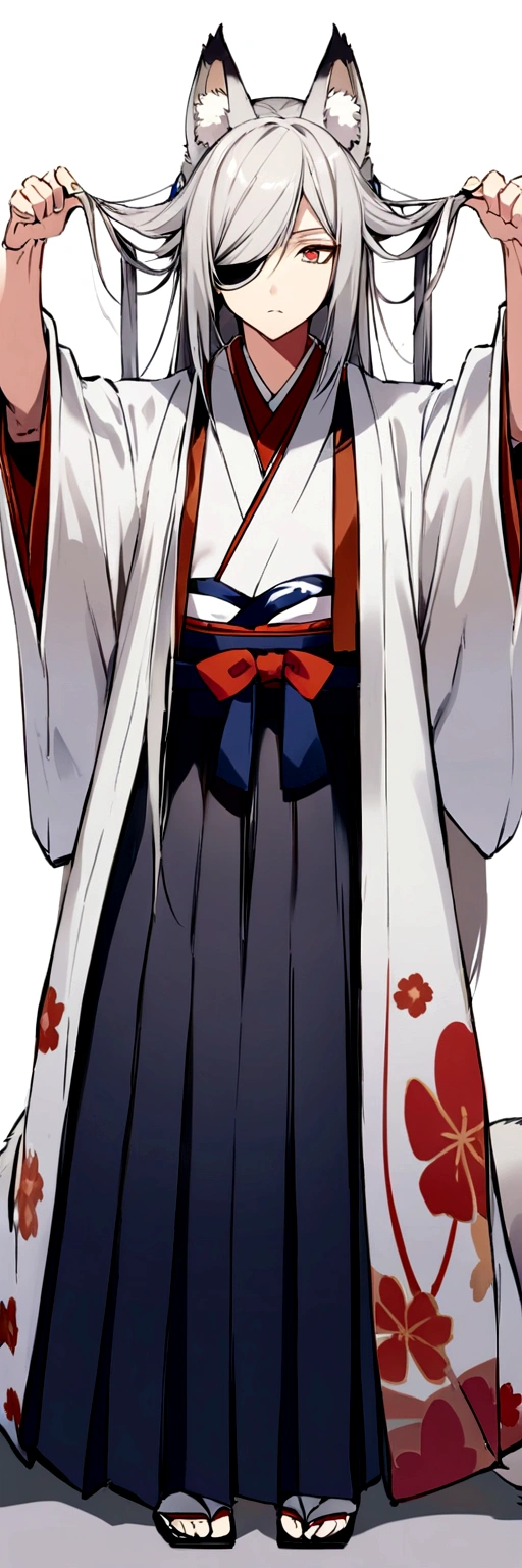 male、youth、Fox、Animal Ears、Silver Hair、Long Hair、Tie your hair、One-eyed、Japanese style、Hakama、bow