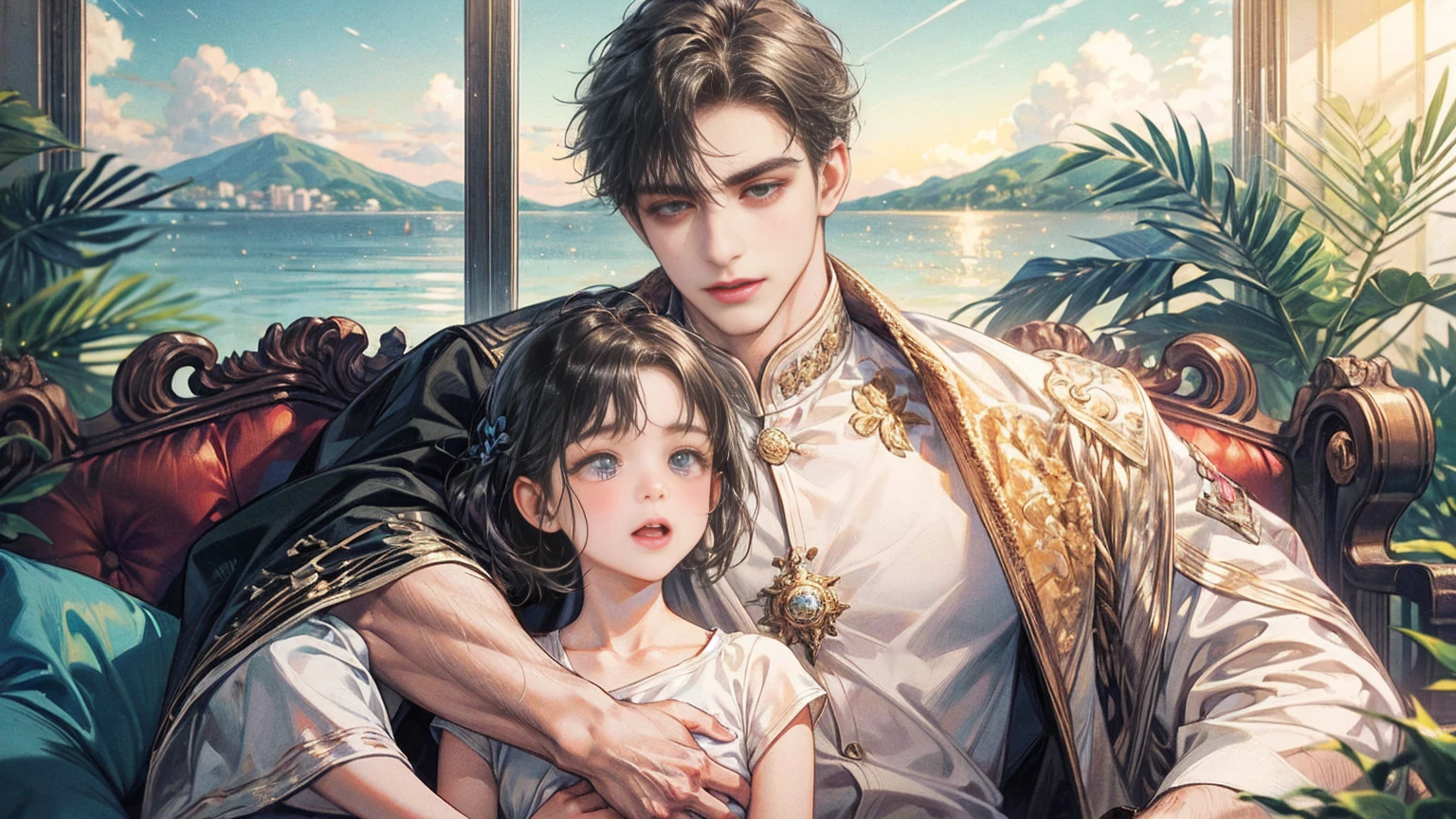 (((masterpiece))), ((Highest quality)), ((Super detailed)), (CG illustration), Happy parent-child scene。The resurrected form of Emperor Constantine and the twins Crispus and Fausta.、Father and son landscape。「Varna, Bulgaria、Under the clear blue sky、A summer evening where a stylish modern mansion shines。As the bright sunlight envelopes the sea and the mansion、A young father in his 30s hugs his twin sons tightly and warmly on his way home from work。The father&#39;s face was filled with deep love and forgiveness.、I can see the look of relief on his face, having overcome his past mistakes.。The children have innocent, naive smiles、He buried his face in his father&#39;s shoulder and looked relieved.。Light and shadow gently intersect、A scene that creates a warm and moving atmosphere overall.。」Love。Love, forgiveness, healing and purification。Detailed and delicate。lyrical。Heartful