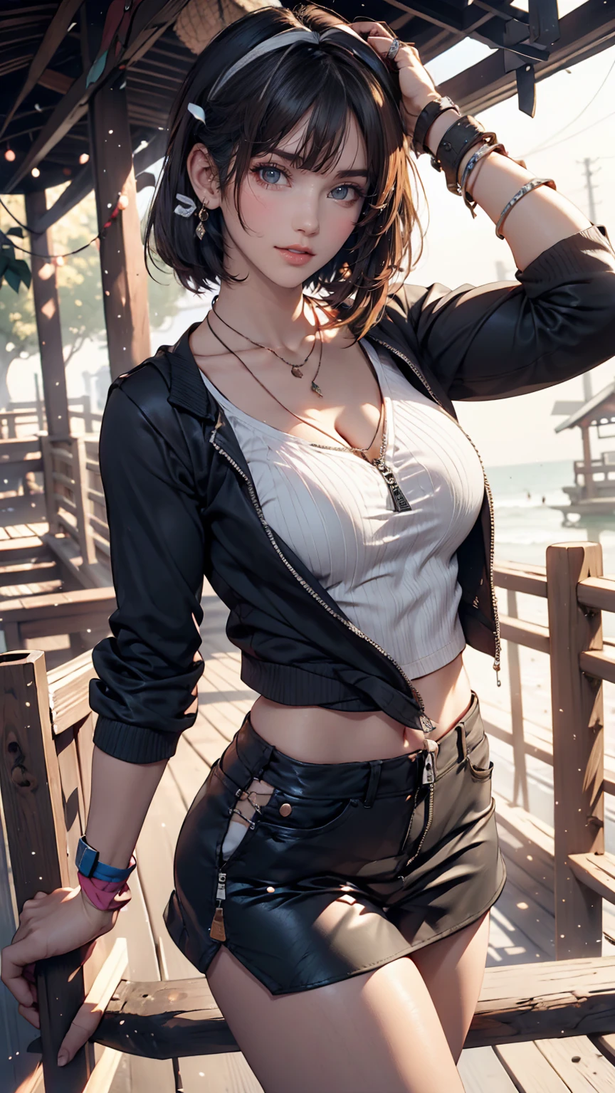 Wooden trestle bridge, Similar in style, Connecting、24 year old Japanese woman、Sexy proportions、Sexy、Narrow waist、Inner Color((colored inner hair))、Tying up hair((tied hair))、hair band((hair ribbon))、Wear high-neck zipper-up tops、Wear a miniskirt、Wear thick-soled sandals、Put a wristband on your wrist、Attach a necklace
