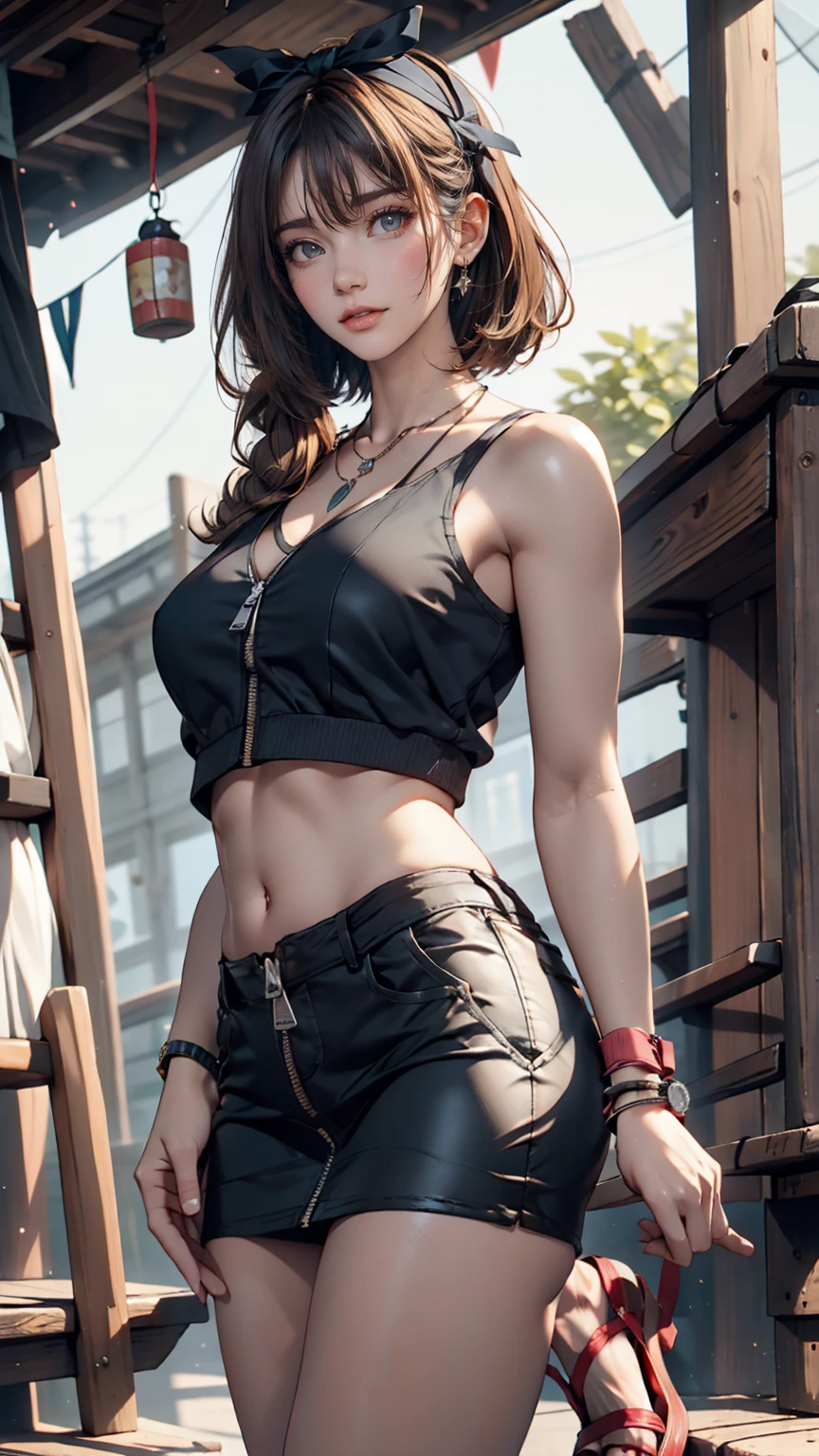 Wooden trestle bridge, Similar in style, Connecting、24 year old Japanese woman、Sexy proportions、Sexy、Narrow waist、Inner Color((colored inner hair))、Tying up hair((tied hair))、hair band((hair ribbon))、Wear high-neck zipper-up tops、Wear a miniskirt、Wear thick-soled sandals、Put a wristband on your wrist、Attach a necklace