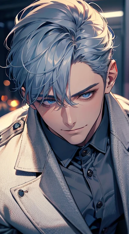 a mature man, 31 years, very handsome, short grey blue hair, beautiful blue eyes, perfect face, buttoning his jacket, CEO, smile in love, (best quality, masterpiece, 8K, photorealistic, cinematic lighting, 1:4 hdr image, top view, ultra detailed, beautiful image)