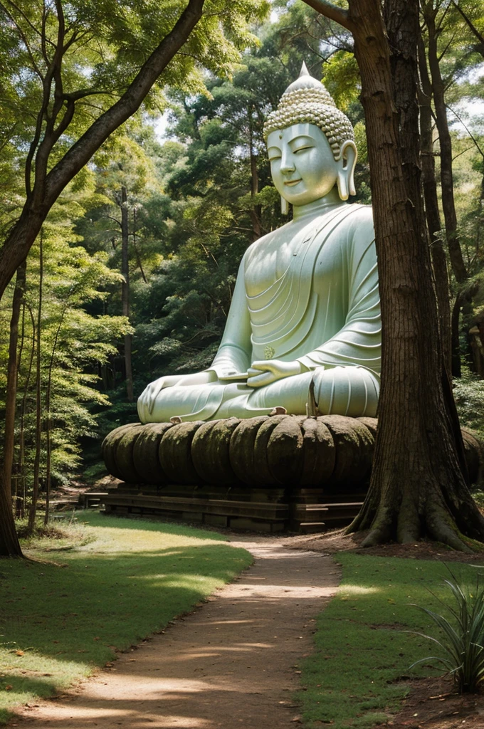 

Buddha is walking peacefully along a forest path, his serene face illuminated by the gentle sunlight filtering through the trees.