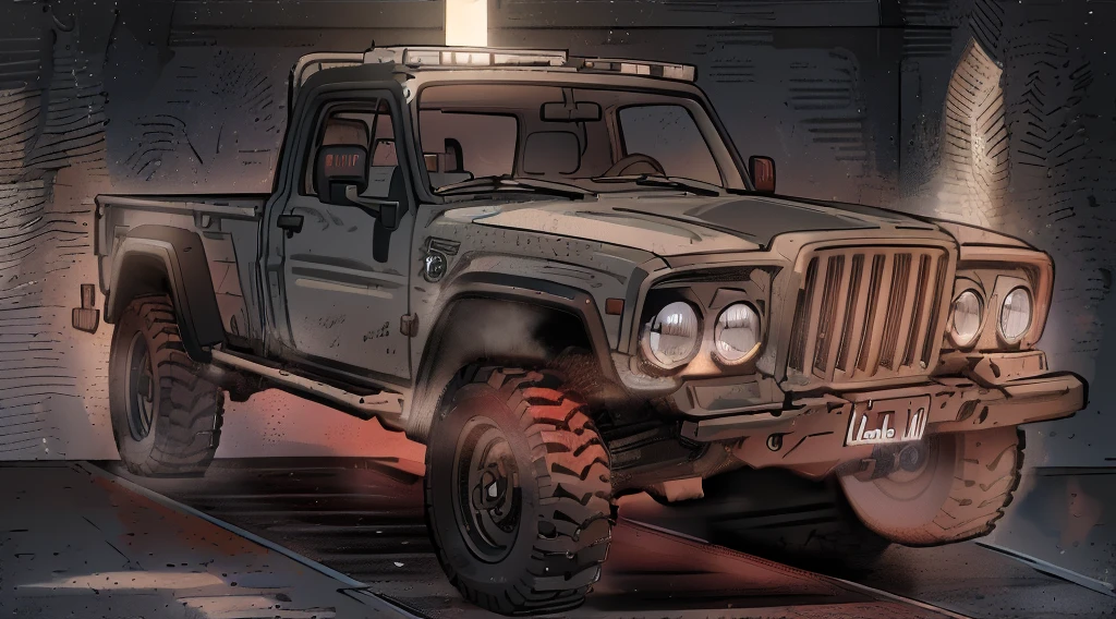 ((Best Quality)), ((masterpiece)), Highly detailed, 8K, heavily armored red 6x6 heavy pickup truck 1970 Jeep Gladiator, must have 6-wheels, bulky boxy form, red dirty matte paint, large square headlights, boxy angles, boxy 80s design, square headlights, (peterbilt influence:0.7), bright showroom, plain mesa background, cel-shaded, line art, bold black outlines, comic style, inkpunk, bright photoshoot lighting, ((isometric symmetry:1.2)) ((((TRANSFORM VEHICLE FROM SMALL CAR TO LARGE 6X6 PICKUP TRUCK)))