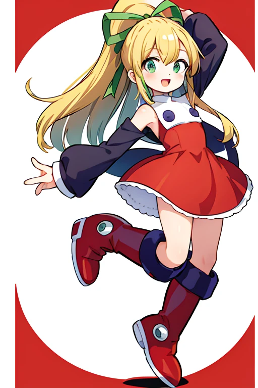 masterpiece, high quality, megamanroll, 1girl, solo, green eyes, blonde hair, ponytail, ribbon, open mouth, boots, dress, smile, long hair, knee boots, full body, white background, red dress, hair ribbon, arm up, red footwear, long sleeves, red skirt, :d, green ribbon, looking at viewer, sidelocks, skirt,  jump up and down,