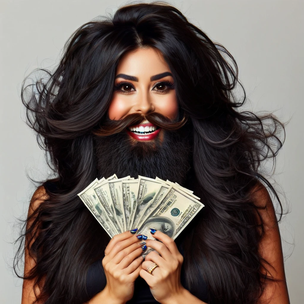 bearded woman beautiful shaggy beard, black hair, brown eyes, eyeliner, proud smile, seductive look, hold a load of dollar bills