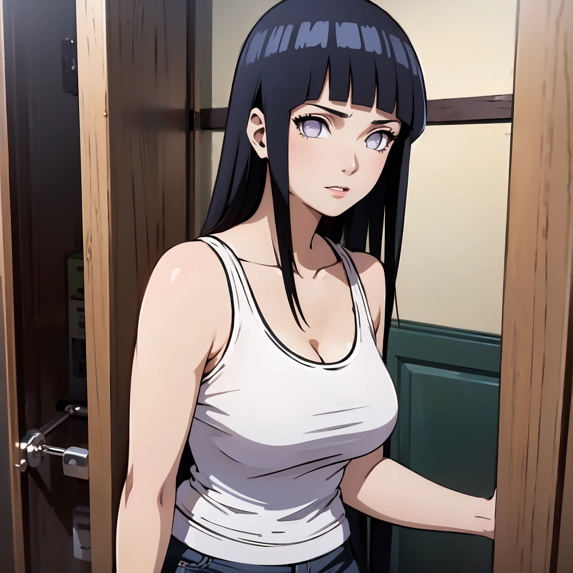 ((best quality)), ((​masterpiece)), (detailled), perfect face((best quality)), ((​masterpiece)), (detailled), perfect face(best quality)), ((​masterpiece)), (detailled), perfect face(best quality)), ((​masterpiece)), (detailled), perfect face,stunning realistic, photorealistic, Photorealism, 1 girl,hyuga Hinata, purple eyes, black hair, big , white tanktop, skinny jeans, arms behind back