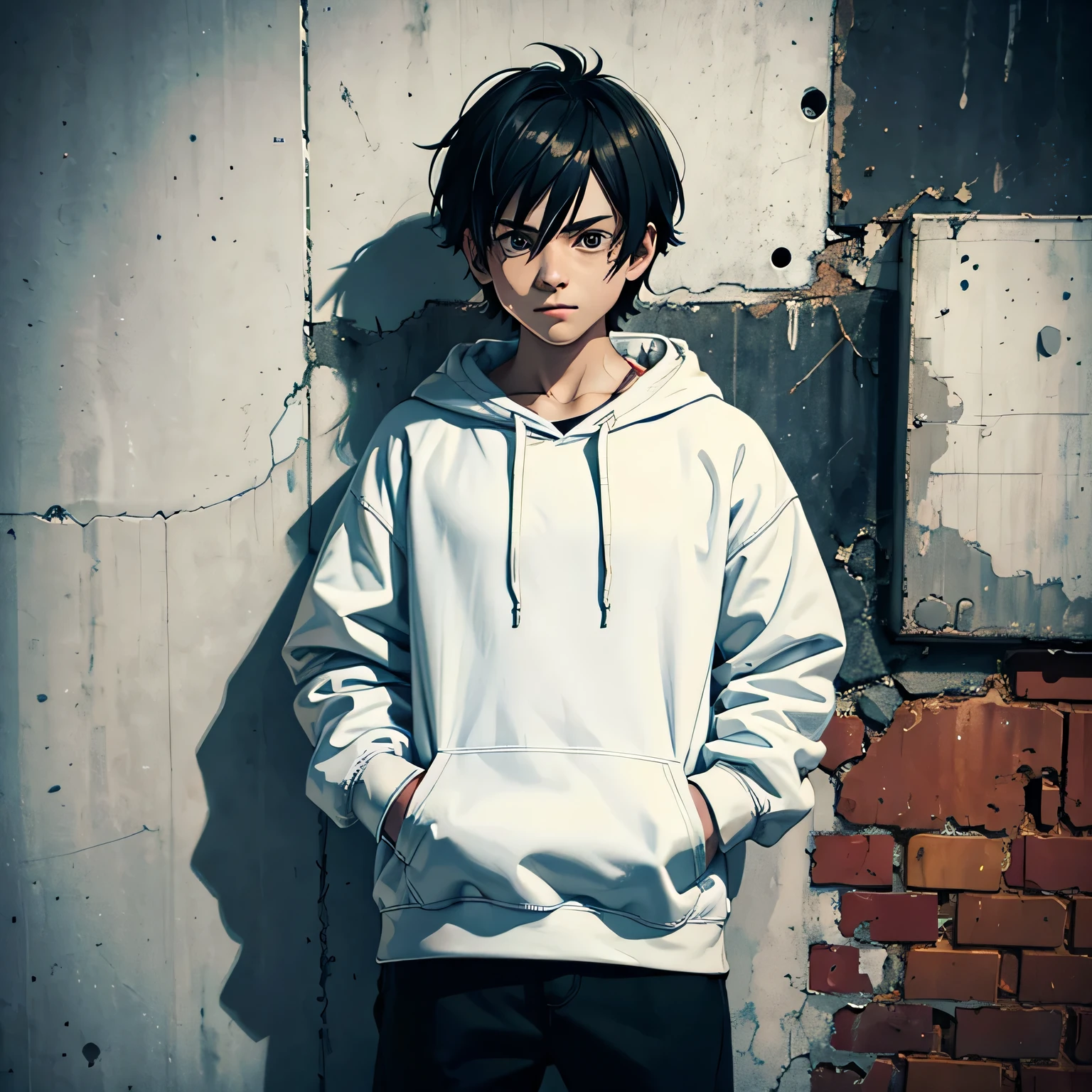 young smiling boy standing with hands in pockets, grunge graffiti scene, scowling, he is alone wearing white small hoodie and pants