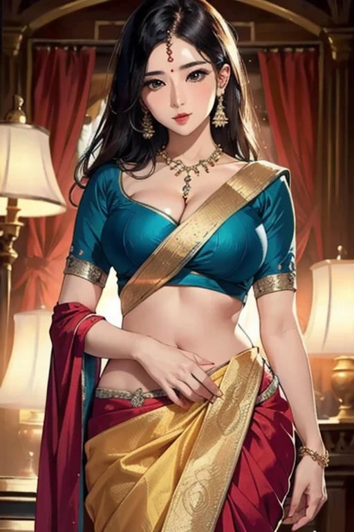 A sexy woman wearing a stunning saree，Fascinating.(((Full and soft breasts,)))(((Huge breasts))) (((Cleavage)))
