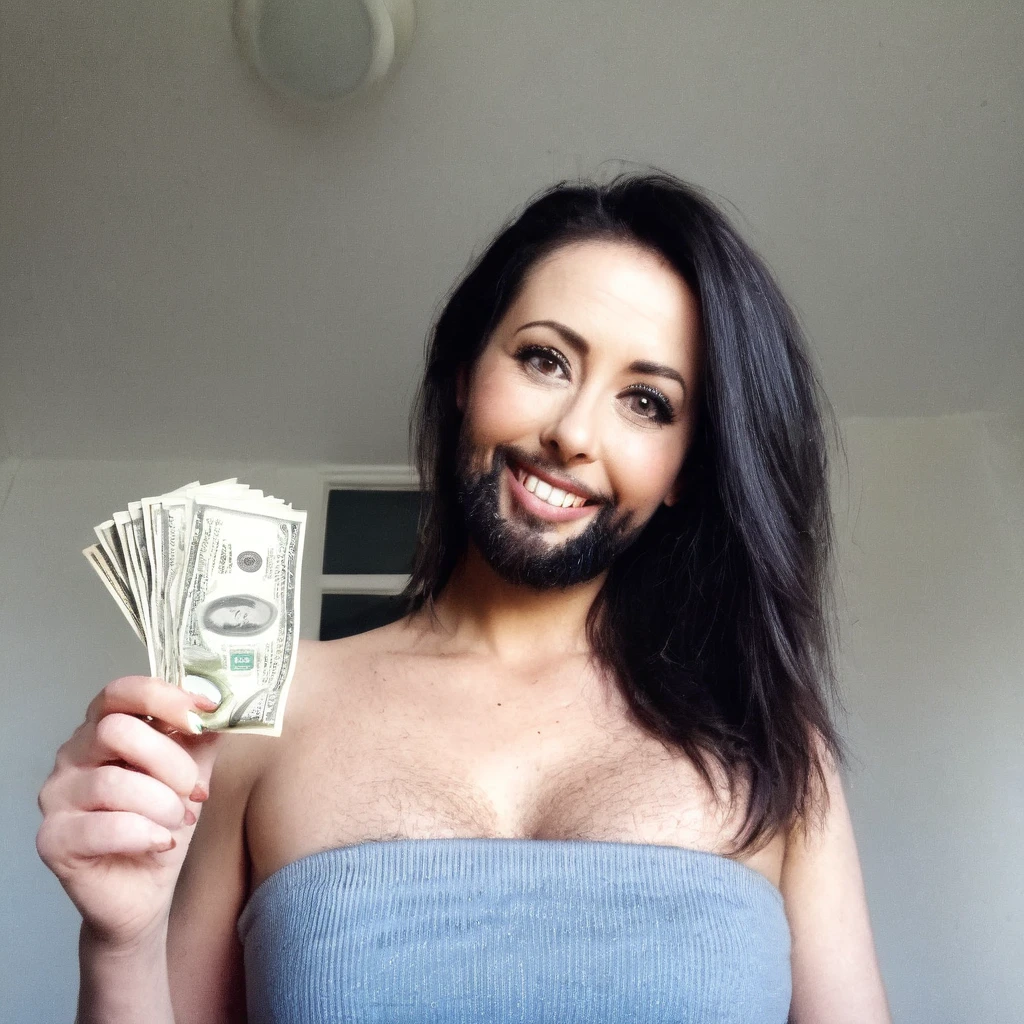 bearded woman beautiful shaggy beard, black hair, brown eyes, eyeliner, proud smile, seductive look, hold a load of dollar bills
