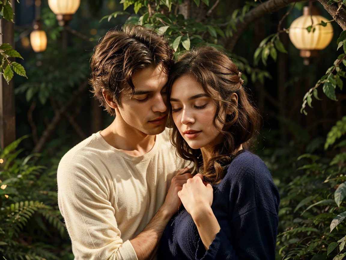 A male and female couple embracing warmly, surrounded by subtle, glowing lanterns, medium of vibrant, dreamy digital art, detailed description of soft, feathery light dancing across their entwined faces, aesthetics of intimacy and tenderness, warm golden hues and deep blues, evoking a sense of comfort and security, with whispers of lush greenery in the background, hinting at growth and harmony, additional details of delicate, lace-like tendrils curling around the edges, symbolizing the gentle, possessive grip of love, as if the very environment itself is embracing the pair, affirming the beauty of a little healthy jealousy.
