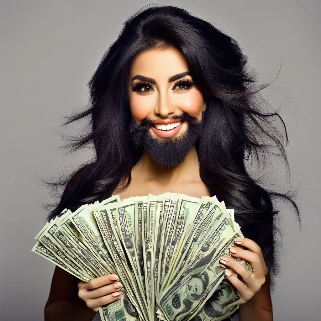 bearded woman beautiful shaggy beard, black hair, brown eyes, eyeliner, proud smile, seductive look, hold a load of dollar bills