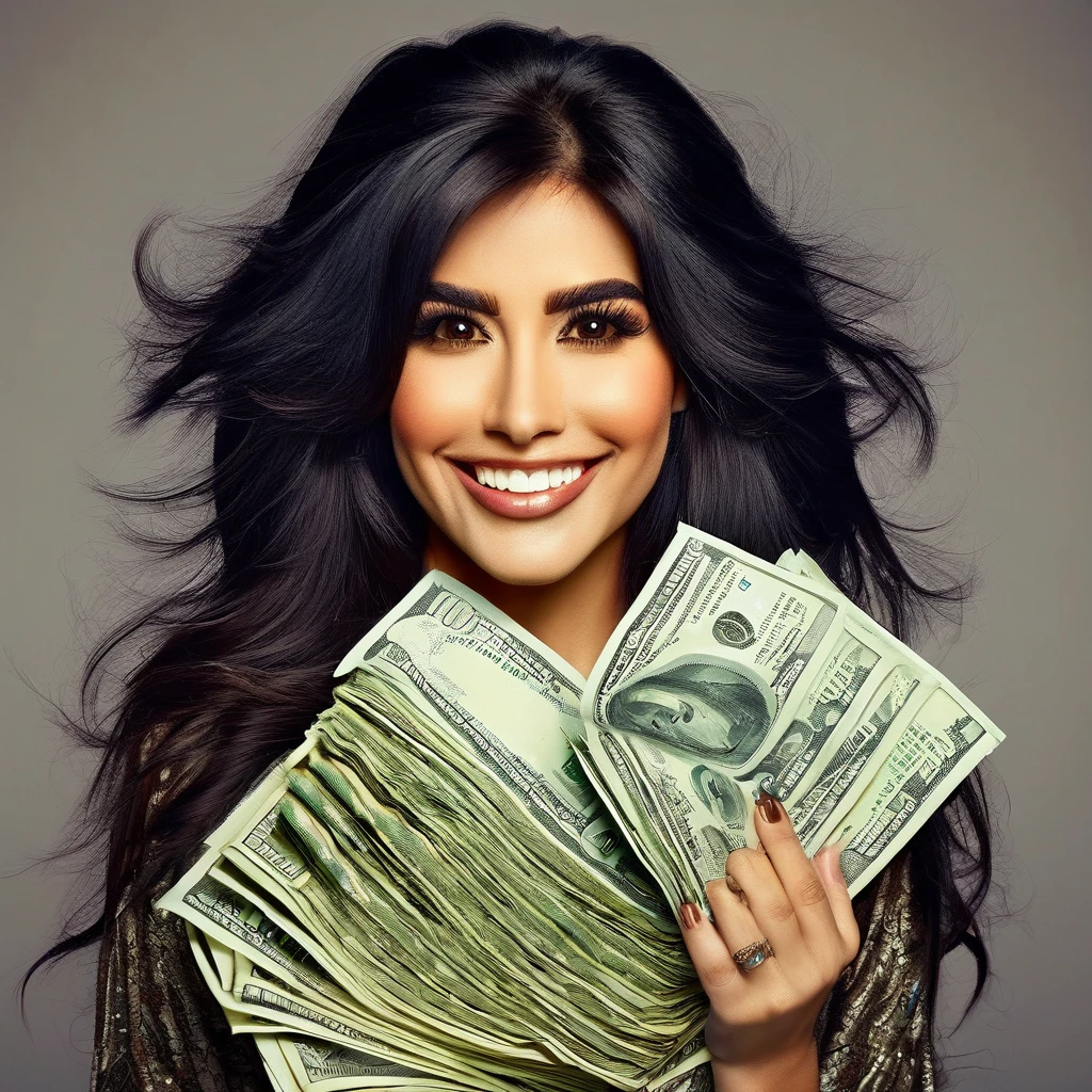 bearded woman beautiful shaggy beard, black hair, brown eyes, eyeliner, proud smile, seductive look, hold a load of dollar bills