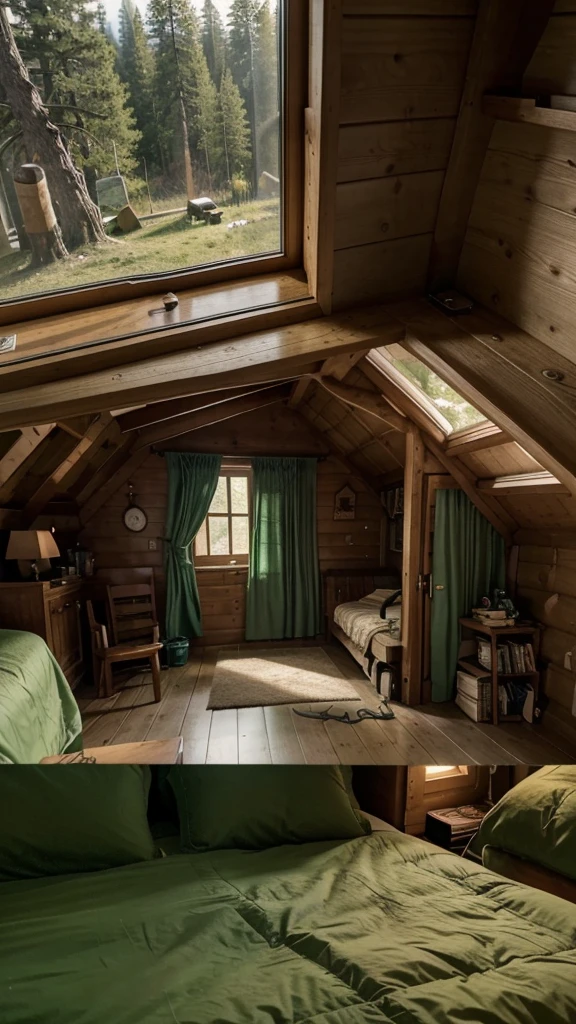 there is a bed with a green comforter and a window, cozy treehouse bedroom, fps view, in a tree house, eye - level view, in a cabin, screenshot from game, inside of a cabin, highly realistic. live cam, unreal engine ; romantic theme, cozy place, interior gameplay screenshot, trending on unreal 5, 2020 video game screenshot