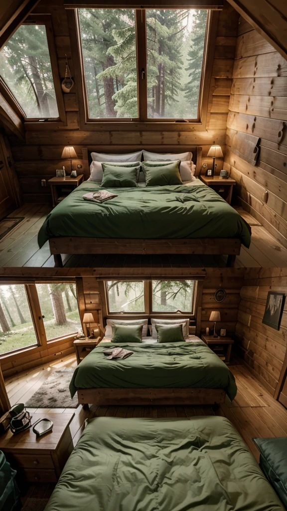 there is a bed with a green comforter and a window, cozy treehouse bedroom, fps view, in a tree house, eye - level view, in a cabin, screenshot from game, inside of a cabin, highly realistic. live cam, unreal engine ; romantic theme, cozy place, interior gameplay screenshot, trending on unreal 5, 2020 video game screenshot