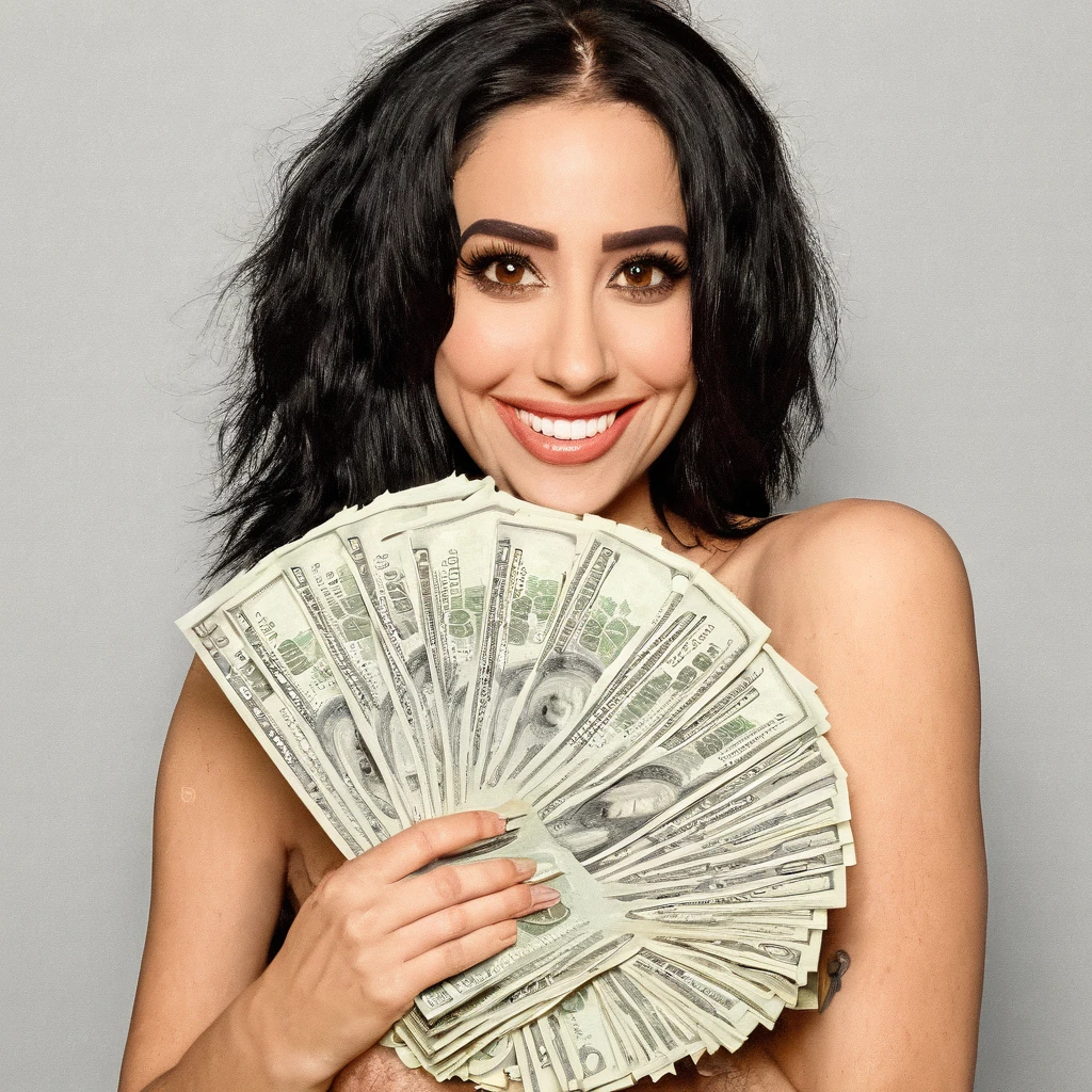 bearded woman beautiful shaggy beard, black hair, brown eyes, eyeliner, proud smile, seductive look, hold a load of dollar bills