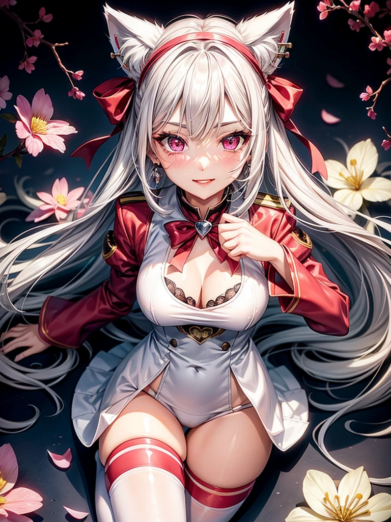 Silver hair, pink eyes, body, cat ears, sexy girl, earrings, flower background, red uniform, hair bows, happy face, thigh up