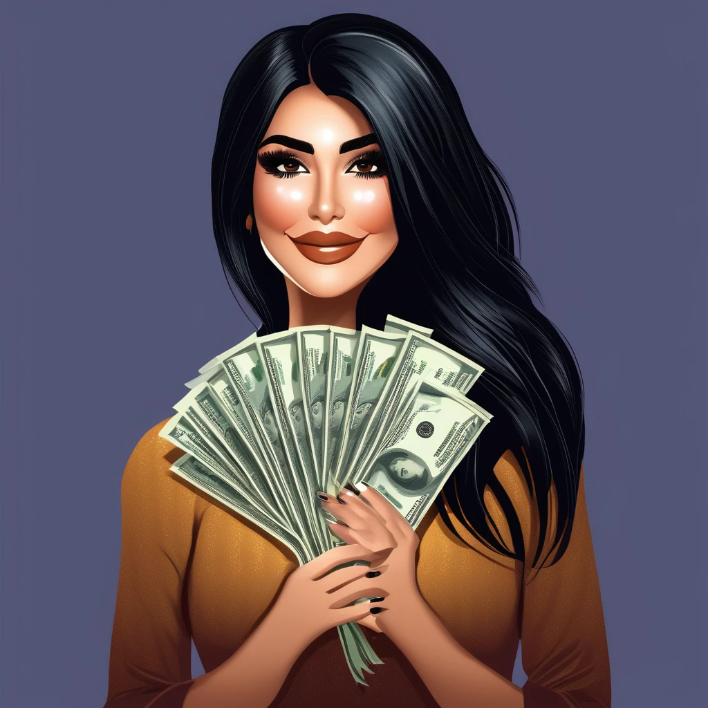 bearded woman beautiful shaggy beard, black hair, brown eyes, eyeliner, proud smile, seductive look, hold a load of dollar bills