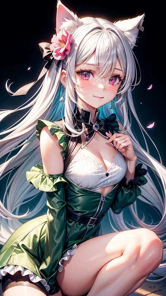 Silver hair, pink eyes, body, cat ears, sexy girl, earrings, flower sky background, green uniform, hair bows, happy face, full head