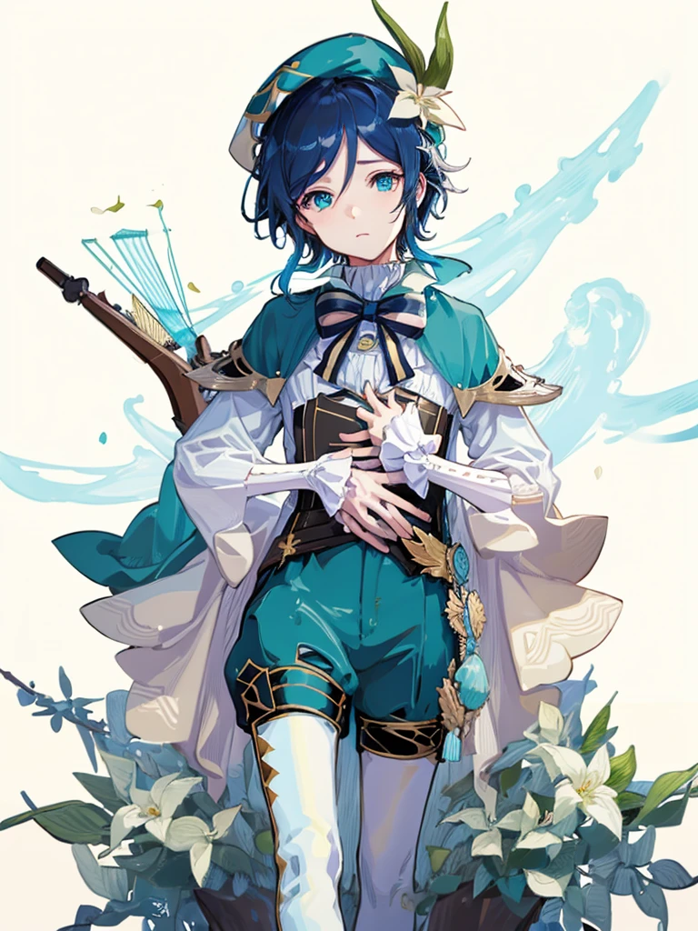 Venti genshi impact flat colors card cover blue colors golden frame boy with a book in his hands stars and elements like white flowers around half body 3/4 with a beret on his head and a lyre in his hands 