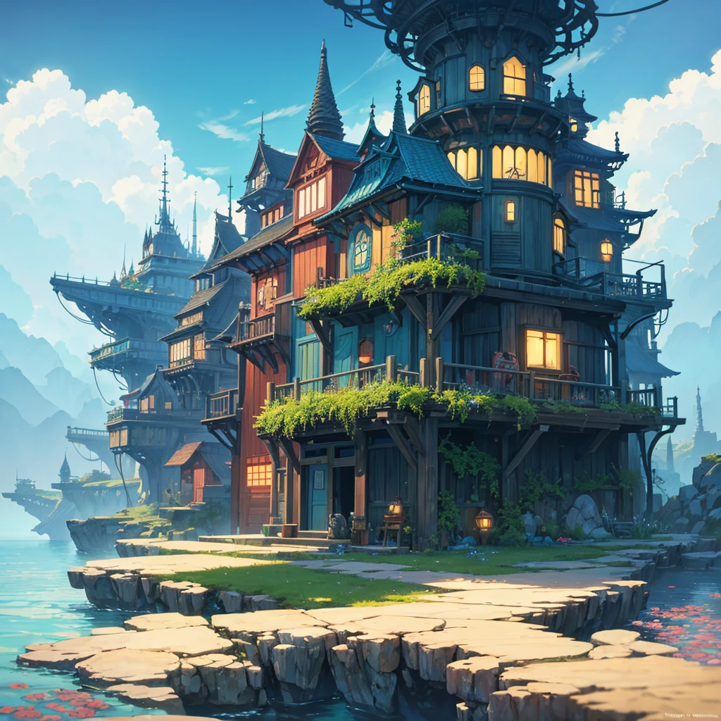 color (Fantasy: 1.2), (Hayao Miyazaki style), (Unusual buildings floating under the sea), patchwork hut, Moss decoration, coral, electricity, Concept art inspired by Andreas Rocha., Artstation contest winner, Fantasy art, (Underwater City), Ross Tran, เพลาelectricity, realistic light, Masterpiece, High quality, beautiful graphics, Highly detailed, Masterpiece, High quality, beautiful graphics, Highly detailed, --v6