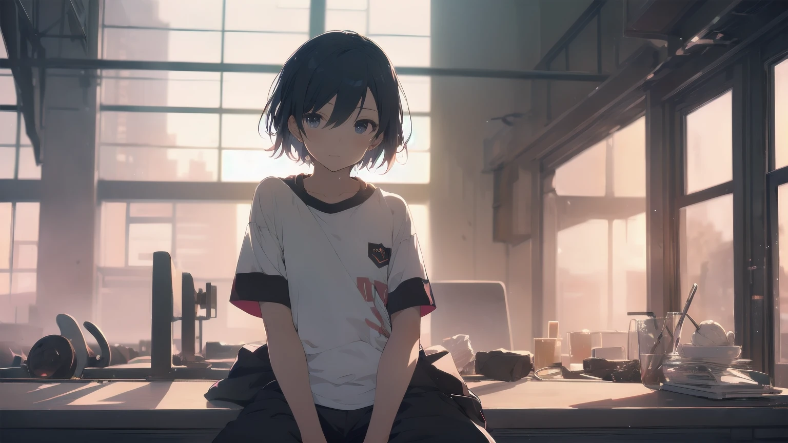 ultra-absurdres-Top quality by Artist God, Super detailed, High resolution, Anime Moe Art Style, Best Anime 8K Konachan Wallpaper, pixiv Contest Winner, Pool:544,Perfect Anatomy,break, One girl, (Please draw a girl Sitting On the bed and In the heat expression. )break,(alone,Little Woman, 13 years old:1.3),Complete limbs, Full Finger,, (Very short hair), Shortcuts, Flat Chest, , Small Ass, Small black eyes, Beautiful attention to detail, Well-proportioned iris and pupil, Expressive eyes, High resolutionの詳細な髪, blush, In the heat, Sweat, Gym shirt, Short sleeve, Gym_uniform, Gym shorts, Man juice dripping from between her legs, Sitting, On the bed, present, Open your mouth, (Detailed lighting), (Detailed Background), In a deserted clinic, break,Shiny skin, Highly detailed skin, Best sexually suggestive lighting powered by famous Artist, 8K,Hero,Sexual Illustration,Photoshop_(Moderate),so beautiful,break,((Artist:yours_hiyoyo )), Artist:Who is Akinashi? ,Artist:Parents Ashido ,Artist:kantoku ,