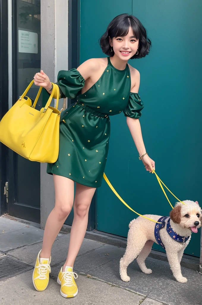 1woman, idol, bob cut, short hair, black hair, starry sky、20-year-old、Volume sleeve dress、Yellow Green Handbag、smile、sneakers、Poodle dog、On a lead
