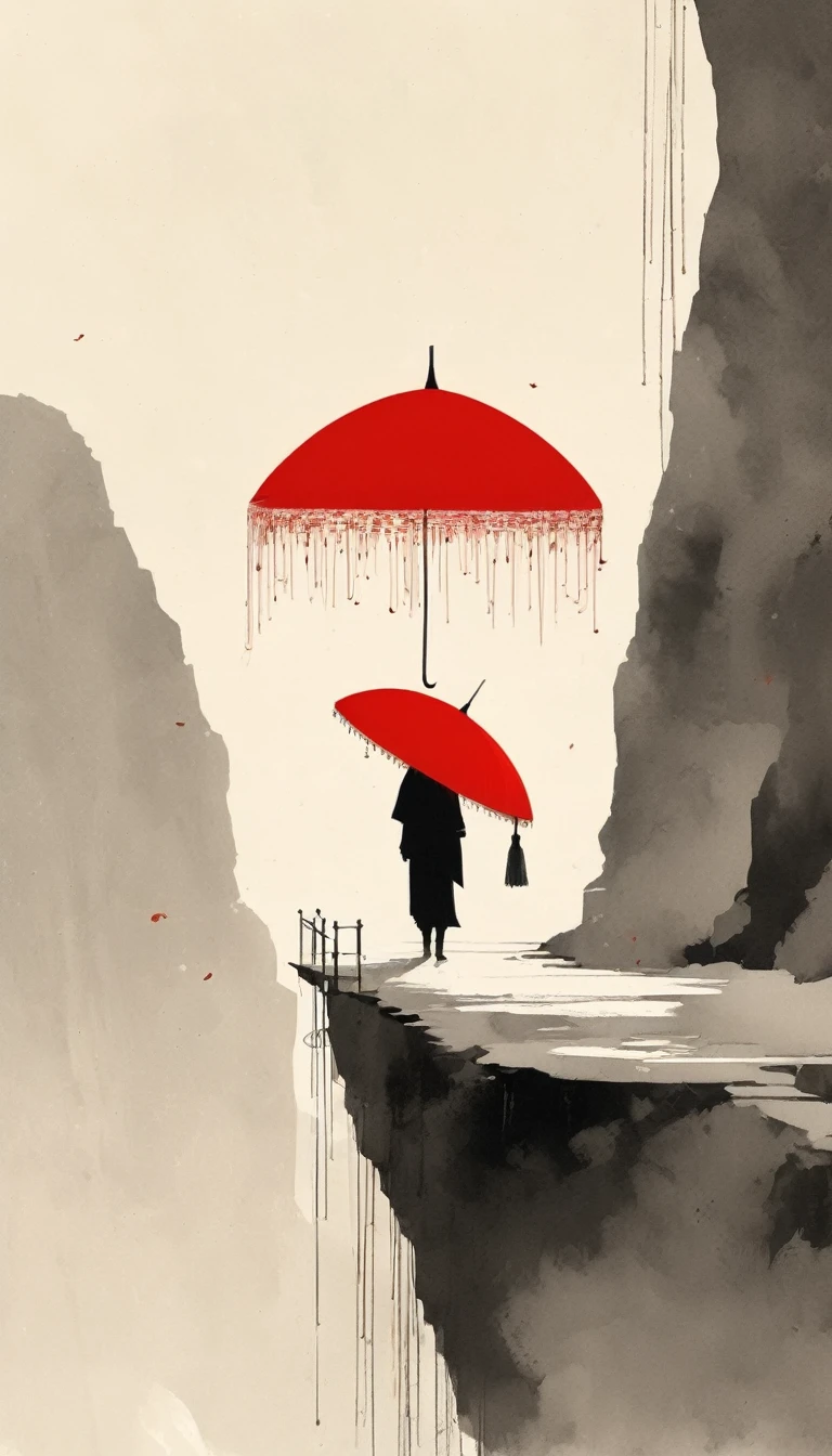 simple,Minimalist illustration,1pcs red umbrella-suspended in the air,Tassels on umbrellas,solitary figure,Cliff Edge,bridge